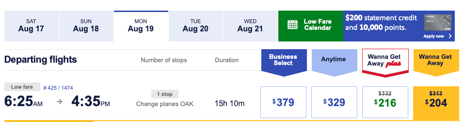 Cost of flight to Hawaii on Southwest Airlines